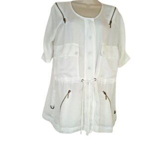 Adam Jacobs Womens Snap Front Cargo Jacket White Drawstring Lightweight Satin L